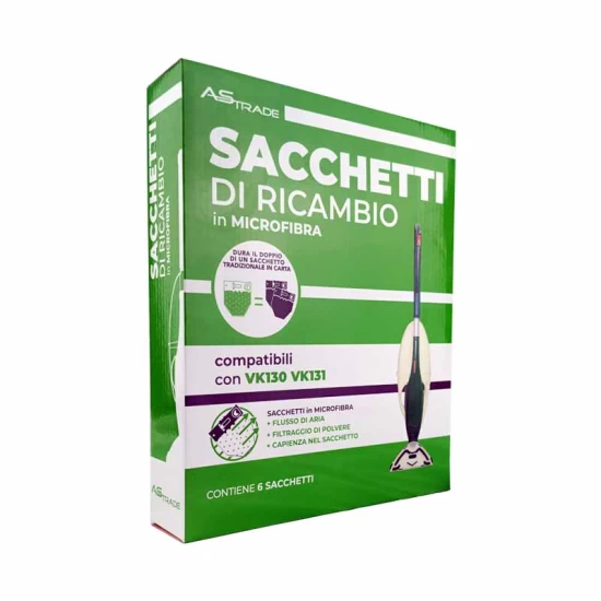 Sacchetti microfibra 6 pezzi in scatola per Folletto VK130  VK131- NUOVA LINEA Ricambi Compatibili Folletto