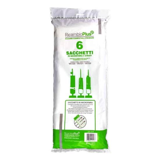 Sacchetti microfibra 6 pezzi in busta per Folletto VK120 - 121- 122 - RICAMBIO PLUS RP+ per VK120 121 122