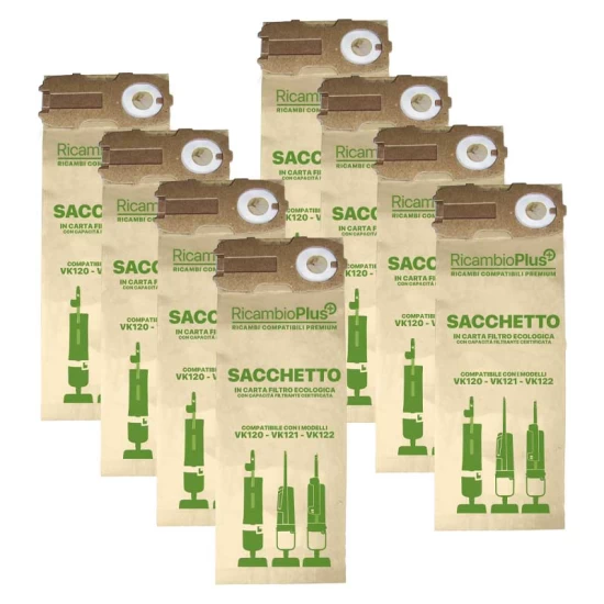 Sacchetti 8 pezzi in busta per Folletto VK120-121-122 - RICAMBIO PLUS RP+ per VK120 121 122
