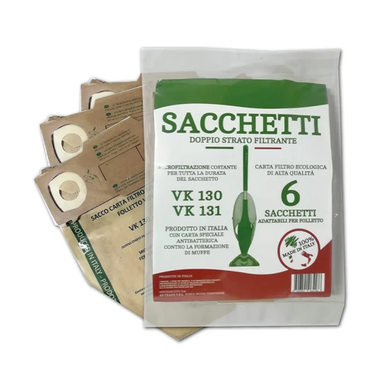 Sacchetti ecologici made in Italy - 6 pezzi - per Folletto vk130-vk131 Ricambi Compatibili Folletto