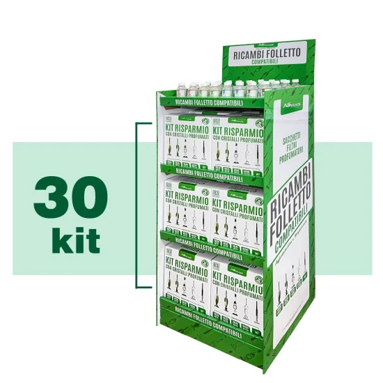 Espositore da terra in cartone autoportante per 30 scatole Kit Risparmio e 32 boccette di cristalli profumati