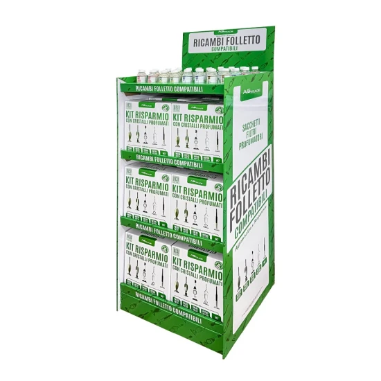 Espositore da terra in cartone autoportante per 30 scatole Kit Risparmio e 32 boccette di cristalli profumati
