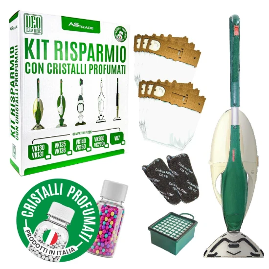 Kit Risparmio compatibile VK130 e VK131 con 6 sacchetti, 2 filtri ai carboni attivi antiodore, 1 filtro HEPA e cristalli profumati 100 g