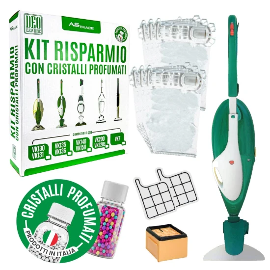 Kit Risparmio compatibile VK135 e VK136 con 6 sacchetti, 2 filtri a griglia, 1 filtro HEPA e cristalli profumati 100 g