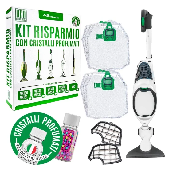 Kit Risparmio compatibile VK140 e VK150 con 6 sacchetti, 2 filtri a griglia di protezione motore e cristalli profumati 100 g